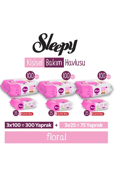 Sleepy Floral Kişisel Bakım Havlusu 3x100 (300 Yaprak) + Çanta Boy 3x25 (75 Yaprak) ürün görseli 1
