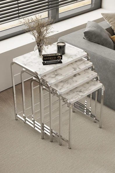 home plus mobilya Defne 4' Lü Zigon Sehpa Gümüş Ayak Beyaz Mermer Desen 18 mm Mdf ürün görseli 1