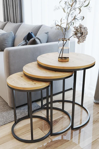 home plus mobilya 3'lü Zigon Sehpa Siyah Ayak Atlantik Çam 18mm Sunta ürün görseli 1