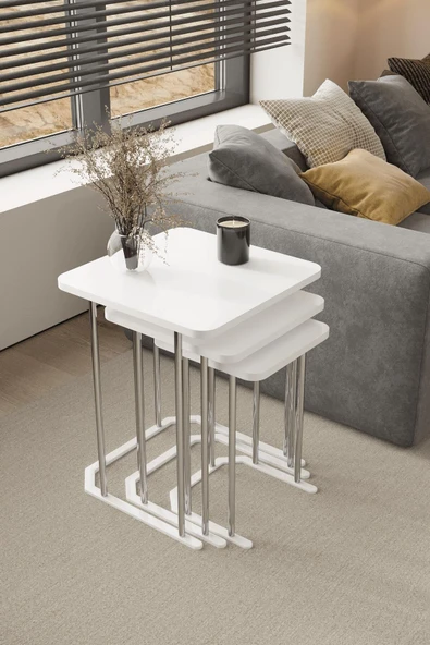 home plus mobilya 3' Lü Kare Zigon Sehpa Gümüş Ayak Beyaz 18 mm Mdf ürün görseli 1