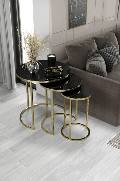 home plus mobilya 3'lü & Bohem Sehpa & Zigon Sehpa & Orta Sehpa & Modern Sehpa Takımı & Gold Ayak Siyah Ayna ürün görseli 1