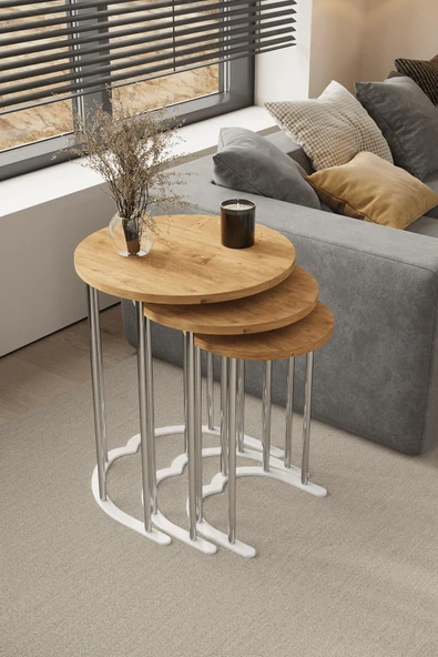 home plus mobilya 3' Lü Zigon Sehpa Gümüş Ayak Atlantik Çam 18 mm Mdf ürün görseli 1