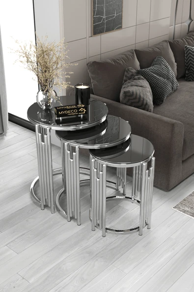home plus mobilya Zagros Piyano 3'Lü Zigon Sehpa Gümüş Ayak Füme Ayna ürün görseli 1