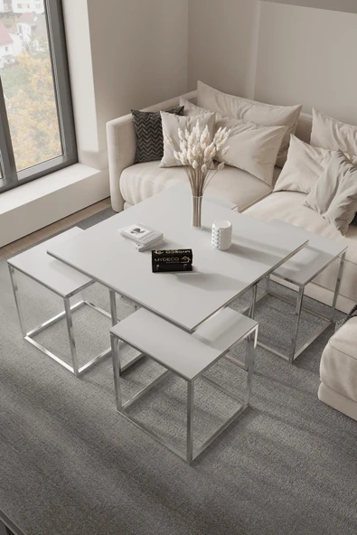 home plus mobilya Havana 5'li Gümüş Beyaz 12 Mm Parlak Mdf Orta Sehpa & Zigon Sehpa & Yan Sehpa & Bohem Sehpa Takımı ürün görseli 1