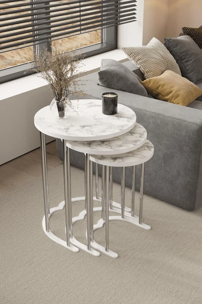 home plus mobilya 3' Lü Zigon Sehpa Gümüş Ayak Beyaz Mermer Desen 18 mm Mdf ürün görseli 1