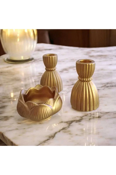 lambader Minimal Dekoratif Şamdan Mumluk Gold - Resim 2