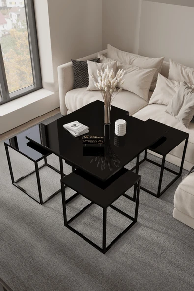 home plus mobilya Bangui 5'li Siyah İskelet Siyah Ayna Orta Sehpa & Zigon Sehpa & Yan Sehpa & Bohem Sehpa Takımı ürün görseli 1