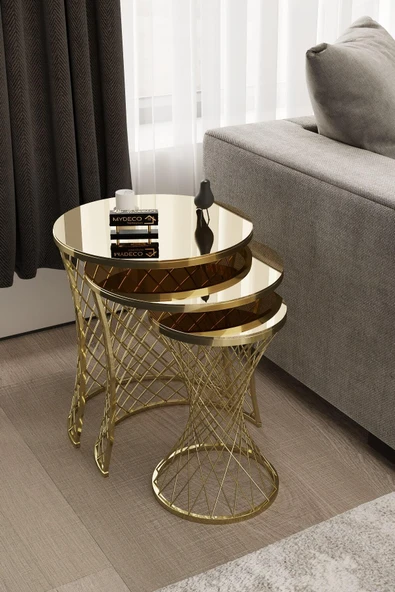 MYDECO Hasır Zigon Sehpa Gold Kaplama Bronz Ayna ürün görseli 1
