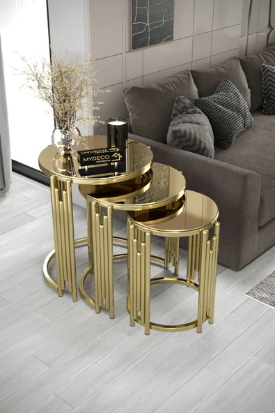 MYDECO Malibeu Piyano 3'Lü Gold Bronz Zigon Sehpa Takımı ürün görseli 1