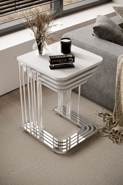 home plus mobilya 4'lü Tekerlekli Zigon Sehpa Gümüş Ayak Beyaz 18 mm Mdf ürün görseli 1