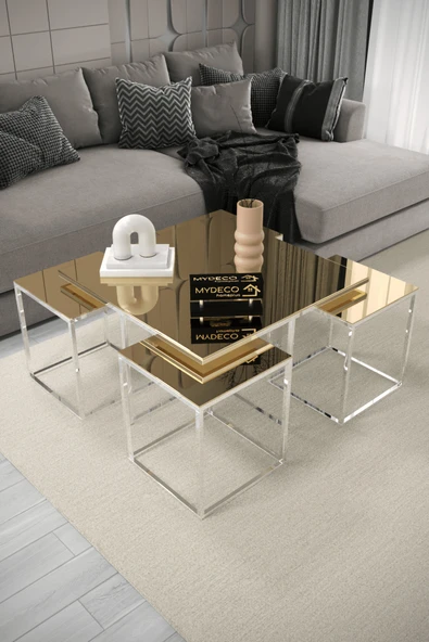 home plus mobilya Altay 5'li Gümüş Kaplama Bronz Aynalı Orta Sehpa & Zigon Sehpa & Yan Sehpa & Bohem Sehpa Takımı ürün görseli 1