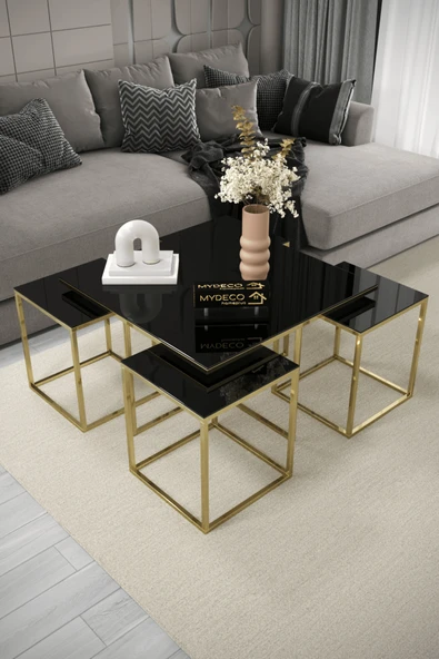 home plus mobilya Castries 5'li Gold Kaplama Siyah Aynalı Orta Sehpa & Zigon Sehpa & Yan Sehpa & Bohem Sehpa Takımı ürün görseli 1