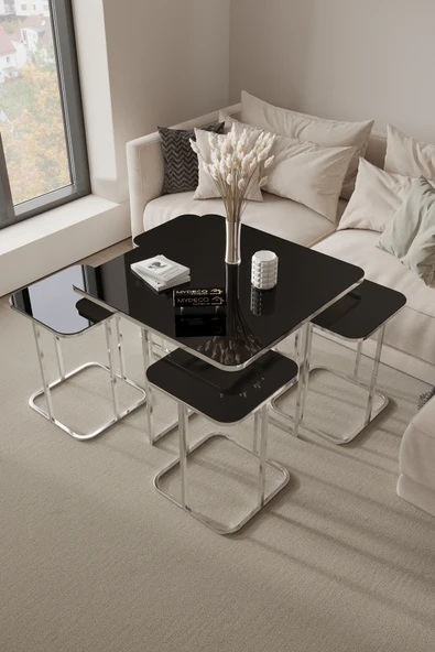 home plus mobilya 5'li Radüslü Gümüş Kaplama Siyah Aynalı Orta Sehpa & Zigon Sehpa & Yan Sehpa & Bohem Sehpa Takımı ürün görseli 1