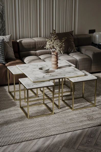 home plus mobilya Brasilia 5'li Gold Kaplama Beyaz Mermer Orta Sehpa & Zigon Sehpa & Yan Sehpa & Bohem Sehpa Takımı ürün görseli 1