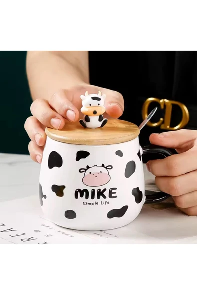 Coverzone İnek Tasarımlı Kapaklı Kaşıklı Seramik Dekoratif Hediyelik Kupa Mug ürün görseli 1