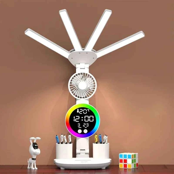TechTic 4 Başlı Fanlı Şarjlı Masa Lambası LED Dijital Saat Ekranlı 3 Renk Göz Yormaz Çalışma Lambası ürün görseli 1