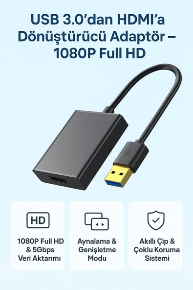 Coverzone USB 3.0 - HDMI Dönüştürücü 1080P Full HD, 5Gbps Hızlı Aktarım, Windows & Mac Uyumlu HD08 ürün görseli 1