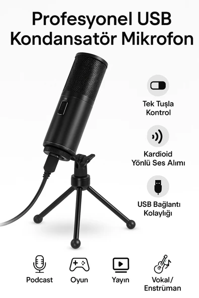 Coverzone Profesyonel RGB Mikrofon - USB, 24 Bit/96kHz, Kardioid, Tripodlu, Oyun ve Yayıncı Dostu Q9 ürün görseli 1