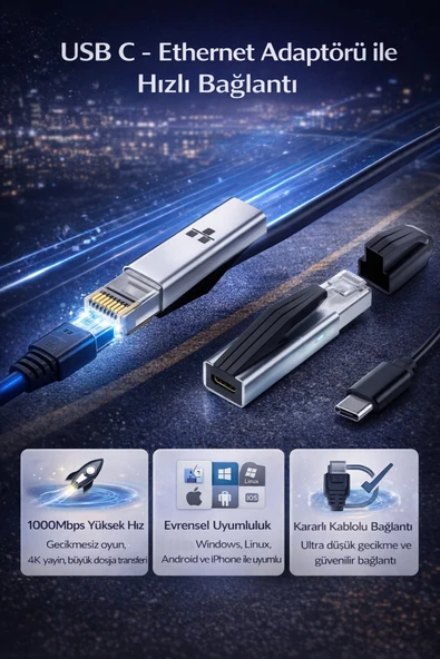 Coverzone USB-C Ethernet Adaptörü 1000Mbps MacBook Pro Chromebook Dell XPS Thunderbolt 3/4 Uyumlu | ZR1214 ürün görseli 1