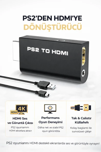 Coverzone PS2 HDMI Dönüştürücü Adaptör 480i 480p 576i Destekli USB Güç Kulaklık Çıkışlı | G300 ürün görseli 1