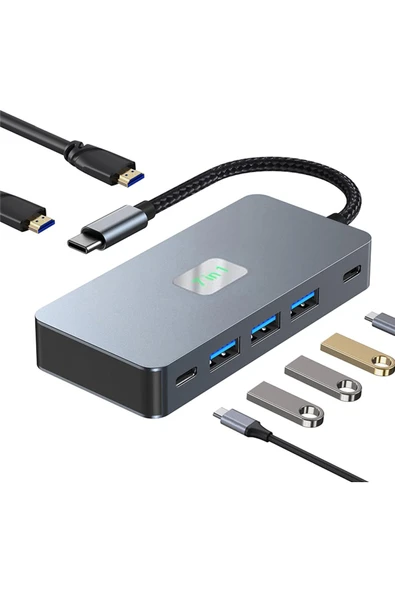 Coverzone Çoklayıcı Adaptör 7in1USB-C To USB 3.0 ve USB/C 4 Ports HUB + HDTV (4K/30Hz) + PD Çevirici CK-510 ürün görseli 1