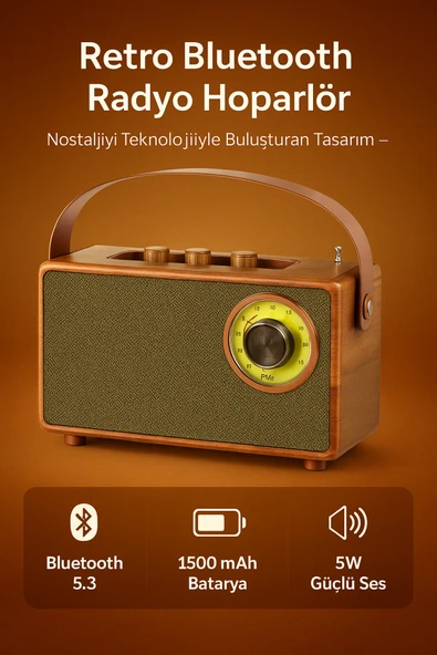 Coverzone Retro Bluetooth Radyo - 5.3 Kablosuz, 5W Güçlü Ses, 1500mAh Batarya, USB TF AUX Girişli | AS23 ürün görseli 1