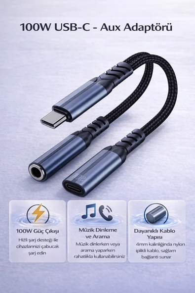 Coverzone 2-in-1 Type-C Adaptör 100W Güç Çıkışı Alüminyum Nylon Kablo Müzik Arama Yapma | ZR1212 ürün görseli 1