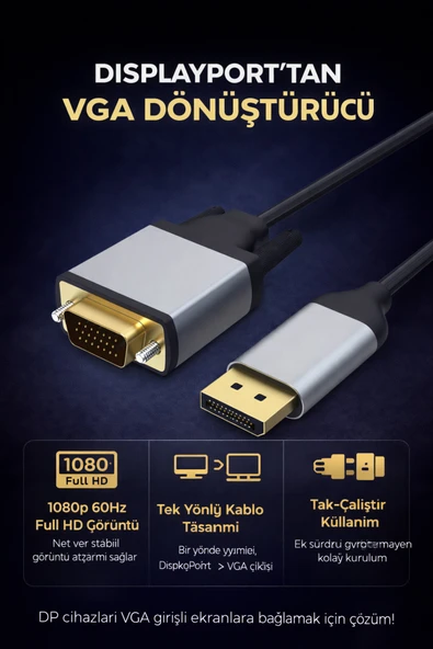 Coverzone DisplayPort to VGA Dönüştürücü Kablo 1080p 60Hz Full HD Monitör Projeksiyon Uyumlu | ZR1161 ürün görseli 1