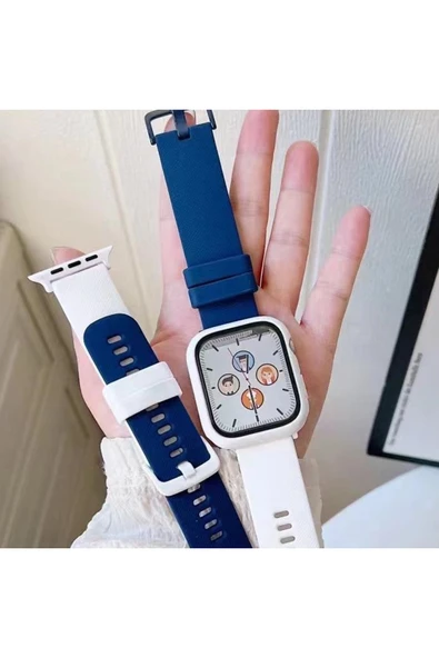 Coverzone Watch 5 Ile Uyumlu 42-44mm Termoplastik Double Color Spor Kayış+kasa Ikili Set Beyaz-lacivert ürün görseli 1