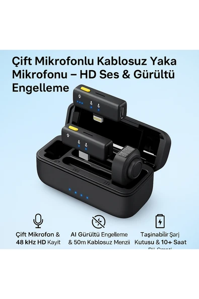 Coverzone Kablosuz Yaka Mikrofonu D07 - Çiftli, 48kHz HD Ses, AI Gürültü Engelleme, 50m Çekim, Şarj Kutusu ürün görseli 1