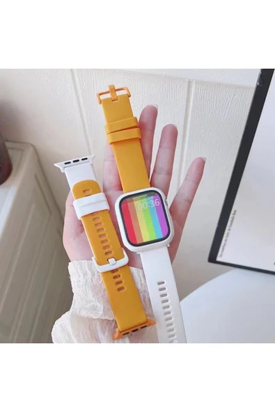 Coverzone Watch 4 Ile Uyumlu 42-44mm Termoplastik Double Color Spor Kayış+Kasa Ikili Set Beyaz -turuncu ürün görseli 1