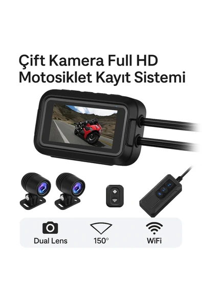 Coverzone Çift Ön-Arka Motosiklet Kamerası – 1080P, 150° Geniş Açı, WiFi ve 3.0'' IPS Ekranlı DVR | V9 ürün görseli 1