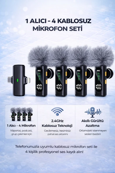Coverzone Kablosuz Yaka Mikrofonu 4 Mikrofon Seti Gürültü Azaltmalı Lavalier Telefon Uyumlu T90 ürün görseli 1