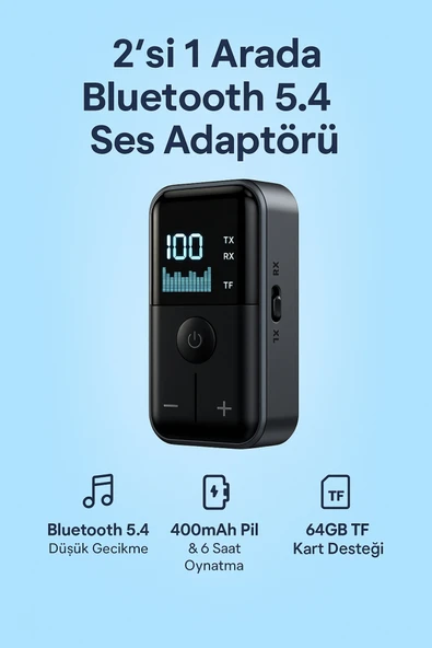 Coverzone Kablosuz Ses Adaptörü Bluetooth 5.4, 2’si 1 Arada, AUX 3.5mm, TF Kartlı, Araba TV PC İçin M20 ürün görseli 1