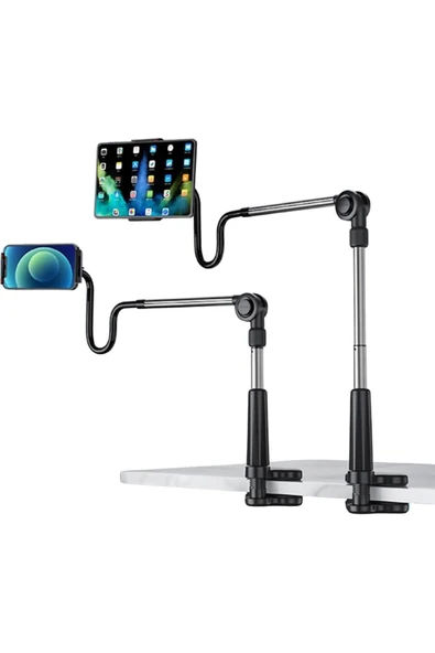 Coverzone Ayarlanabilir LED Işıklı Uzun Kollu Alüminyum Masaüstü 14.6 inç Kadar Uyumlu Tablet Stant ve Tutucu Cantilever Kol Tasarım 360° Döner (L365 - Siyah) ürün görseli 1