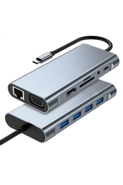 Coverzone 11 In 1 Type-c To Usb Hub Port Adaptör Hdmı, 4x Usb, Lan, Vga Sd Card Çevirici Çoklayıcı ürün görseli 1