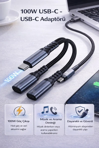 Coverzone Type-C to Type-C 2-in-1 Adaptör 100W Güç Çıkışı Müzik Dinleme Arama Destekli Alüminyum | ZR1211 ürün görseli 1