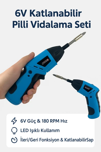 Coverzone Pilli Tornavida 6V, 180RPM, LED Işıklı, Katlanabilir Saplı, İleri/Geri Fonksiyonlu | KCS-615 ürün görseli 1