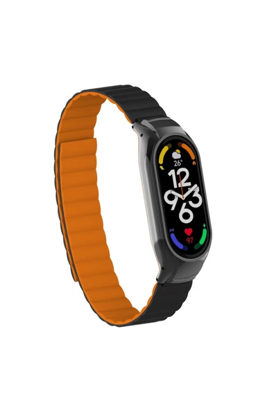 Coverzone Xiaomi Mi Band 7 Ile Uyumlu Haller Kordon Mıknatıslı Şık Tasarım Kordon Siyah - Turuncu ürün görseli 1