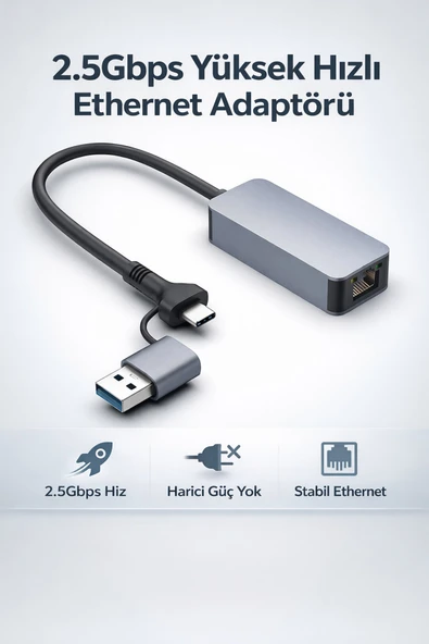 Coverzone USB Type-C 2.5Gbps Ethernet Adaptörü RJ45 10/100/1000/2500Mbps USB 3.0 Uyumlu | ZR1144 ürün görseli 1