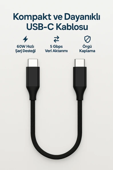 Coverzone Type-C to Type-C 30cm Kablo – 60W Hızlı Şarj, 5Gbps Veri Aktarımı, Dayanıklı Örgü Tasarım | ZR876 ürün görseli 1