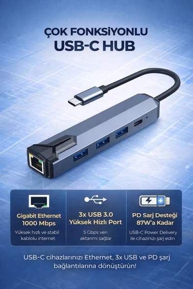 Coverzone USB-C to Gigabit Ethernet Adaptör 3 Port USB 3.0 Hub PD Şarj Destekli 1000 Mbps | ZR1158 ürün görseli 1