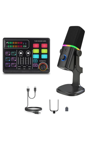 Coverzone Profesyonel Ses Kartı ve Mikrofon Set Kayıt Condenser Masaüstü Canlı Yayın Mikrofonu P100KD8 ürün görseli 1