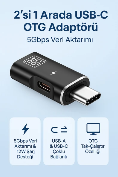 Coverzone USB-C OTG Adaptörü 2’si 1 Arada, Type-C’den USB-A 3.0 & USB-C, 5Gbps, Tak-Çalıştır ZR1061 ürün görseli 1