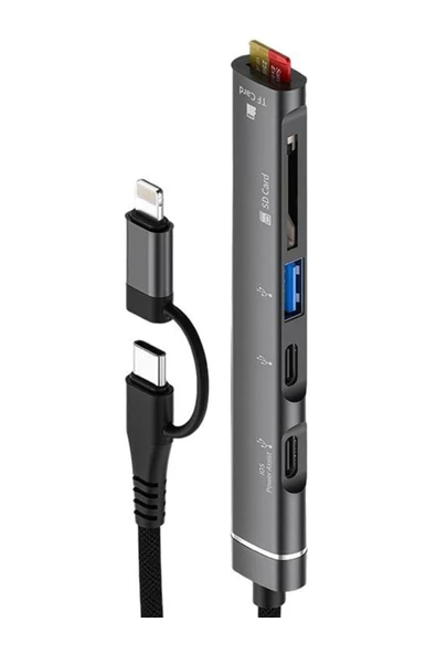 Coverzone Type-C ve Lightning Değiştirilebilir Başlık iPhone 15 Uyumlu SD Kart Micro SD Kart Okuyucu ZR563 ürün görseli 1