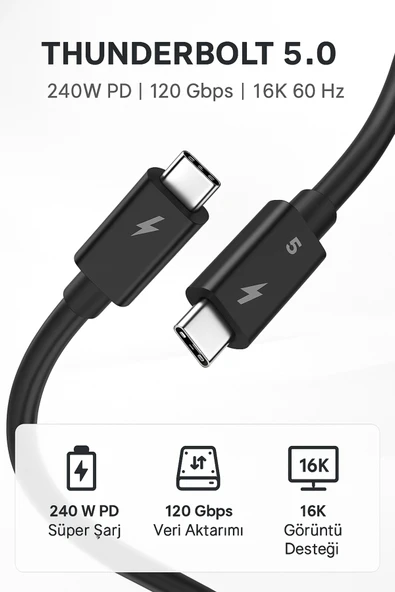 Coverzone Thunderbolt 5.0 Type-C Kablo – 240W PD Şarj, 120Gbps Veri, 16K 60Hz Görüntü Destekli | ZR1107 ürün görseli 1