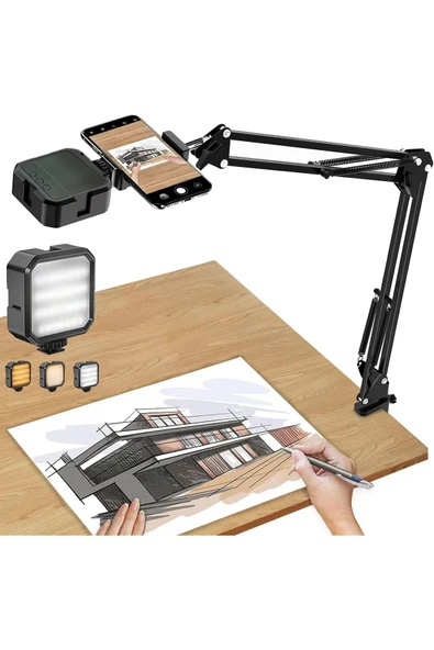 Coverzone Üstten Çekim Tripod CZ45 - 360° Döner, Katlanabilir Stand, Video & Yayın için LED Işıklı Tutucu Set ürün görseli 1