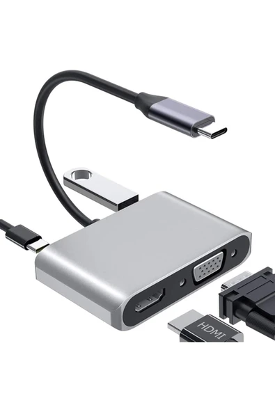 Coverzone Type-c Hdmi Vga Usb 3.0 Type 4in1 Video Dönüştürücü Veri Aktarım Usb Adaptör Notebook Macbook Uyumlu ürün görseli 1