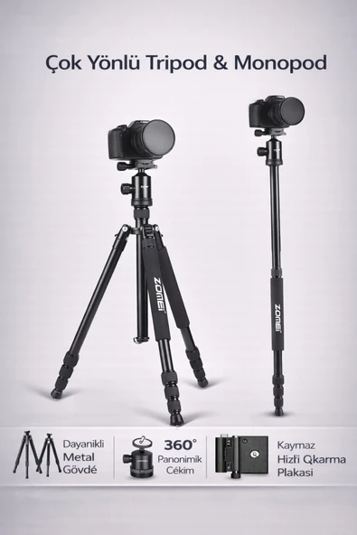 Coverzone 165cm Profesyonel Fotoğraf Tripodu 360° Bilye Başlık 13kg Taşıma Monopod Telefon Tutucu | Z818 ürün görseli 1