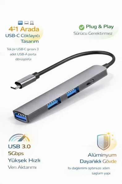 Coverzone USB-C 4in1 Hub Çoklayıcı USB 3.0 5Gbps 3 Port USB-A Alüminyum Gövde Type-C Adaptör | EF ürün görseli 1